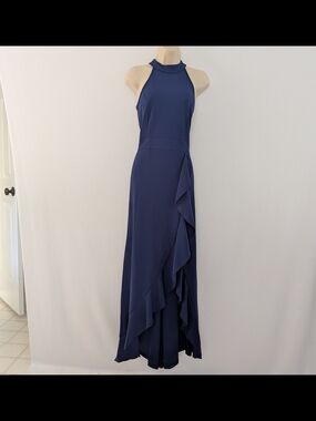 Sleeveless Size L Navy Halter Ruffle Maxi Dress Machine Washable